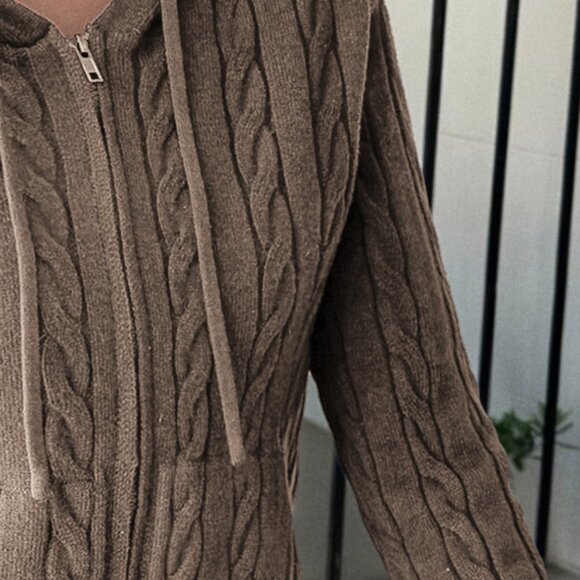 Cozy Brown Cable Knit Zip-Up Hoodie - Picture 3 of 3